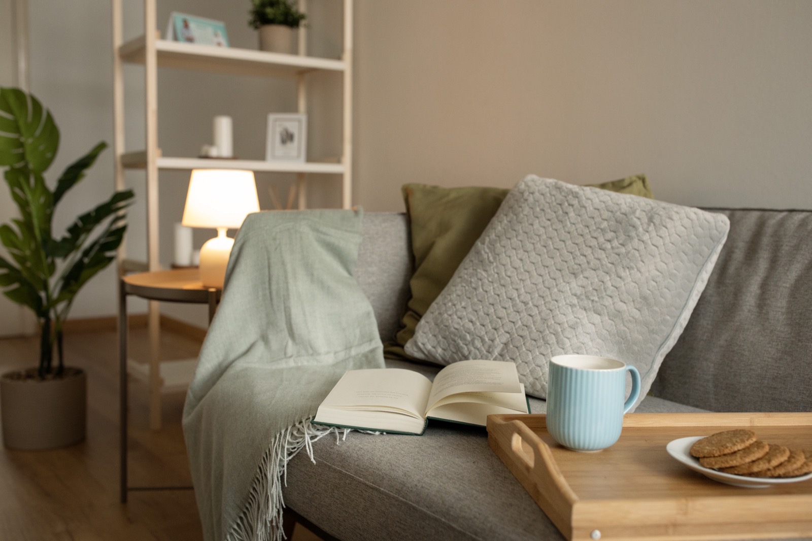 Een bank met een plaid, een opengeslagen boek en een blad met een kop en koekjes, in een woonkamer verlicht door een schemerlamp